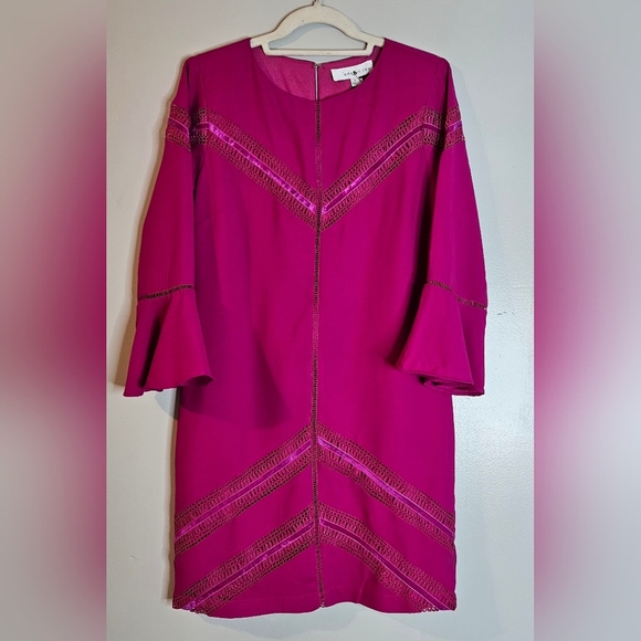 💜Adelyn Rae Satin Fuchsia / Magenta Bell Sleeve Dress - Women's Size S🩷 - Picture 2 of 8